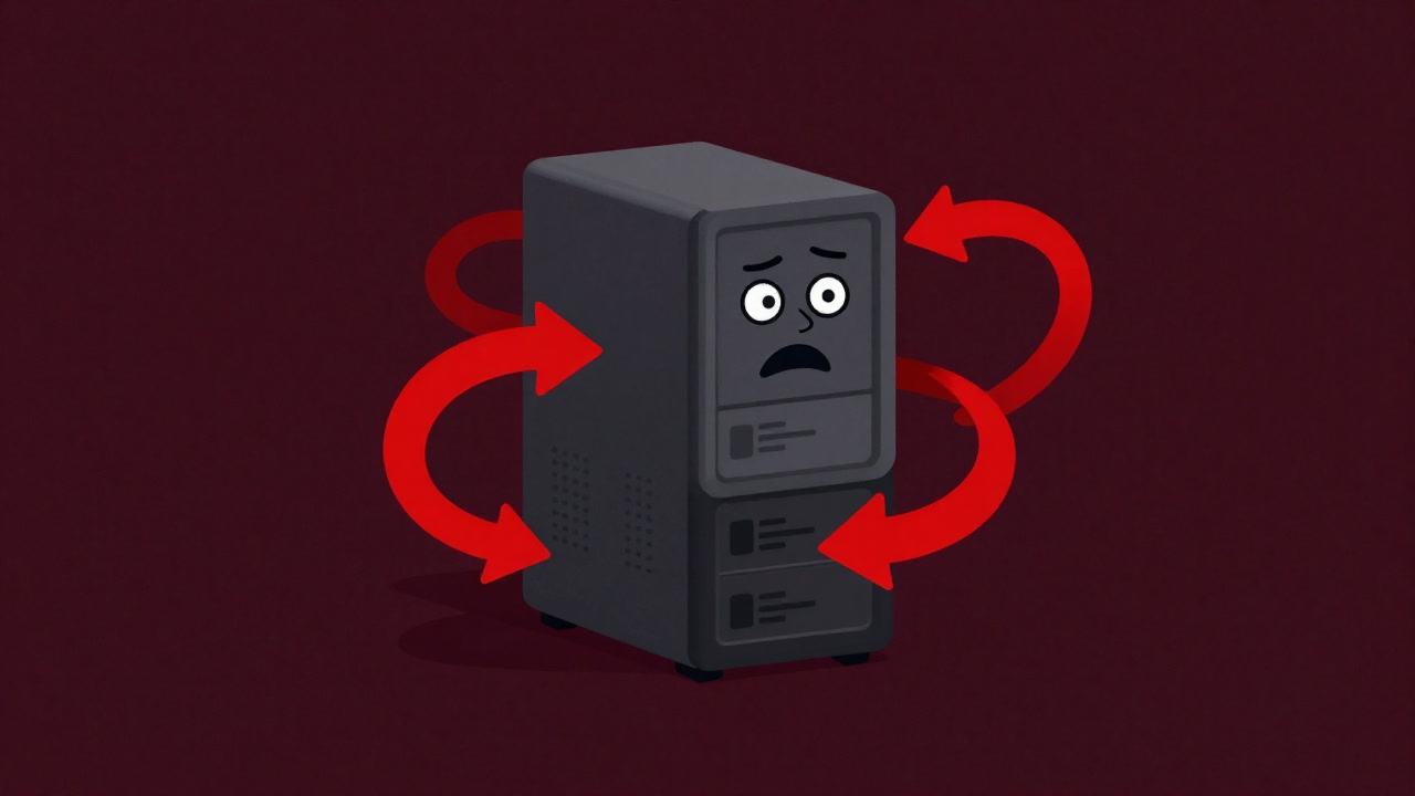 Illustration of a database in panic as red arrows swirl backward over codebase.