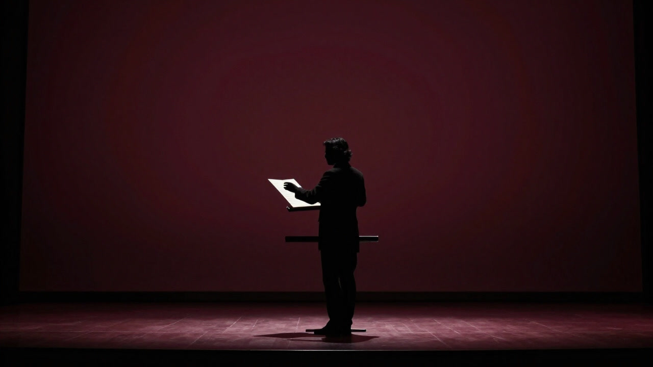 Image of a conductor’s silhouette holding a score on a darkened concert hall stage