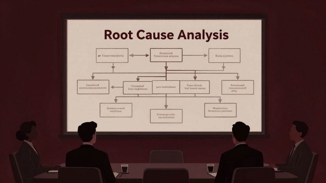Silhouettes of participants in a meeting room frozen in thought before a root cause analysis map projected on a screen.