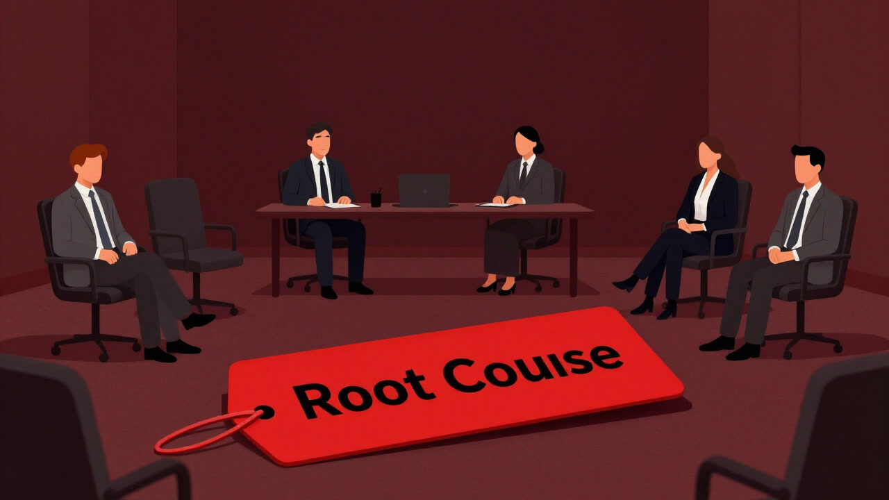 Illustration of a group ignoring a fallen 'Root Cause' tag in a meeting room