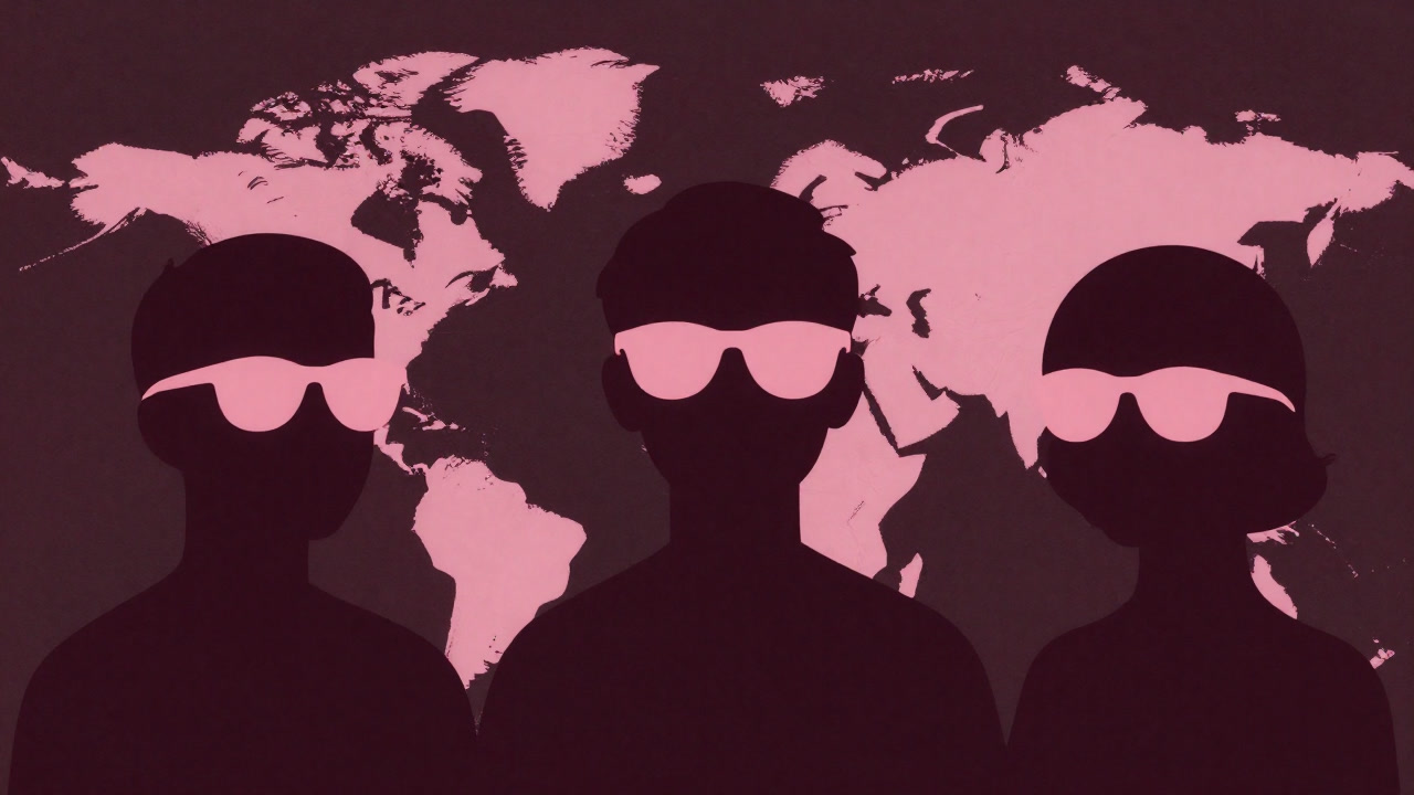 Silhouettes of people wearing rose-colored glasses that tint the world pink