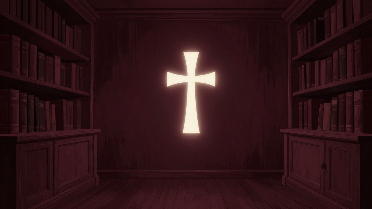 古びた書斎の奥で、薄暗い光の中に浮かぶ薔薇十字の紋章のイメージ
