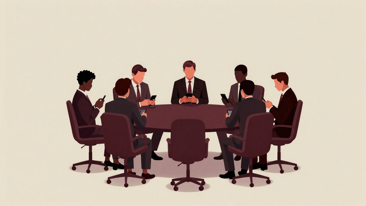 Illustration of people gathered around a round table, each staring at their smartphone