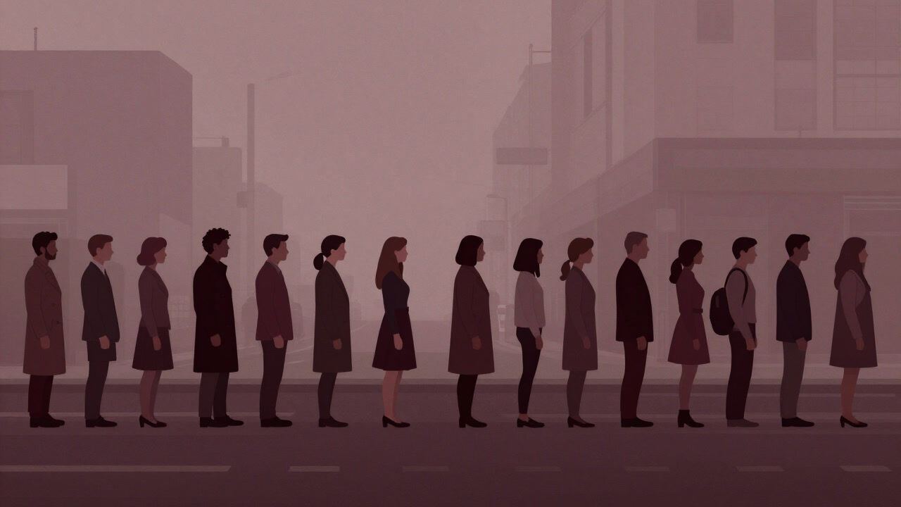 A hazy line of silhouetted people extending into the distance