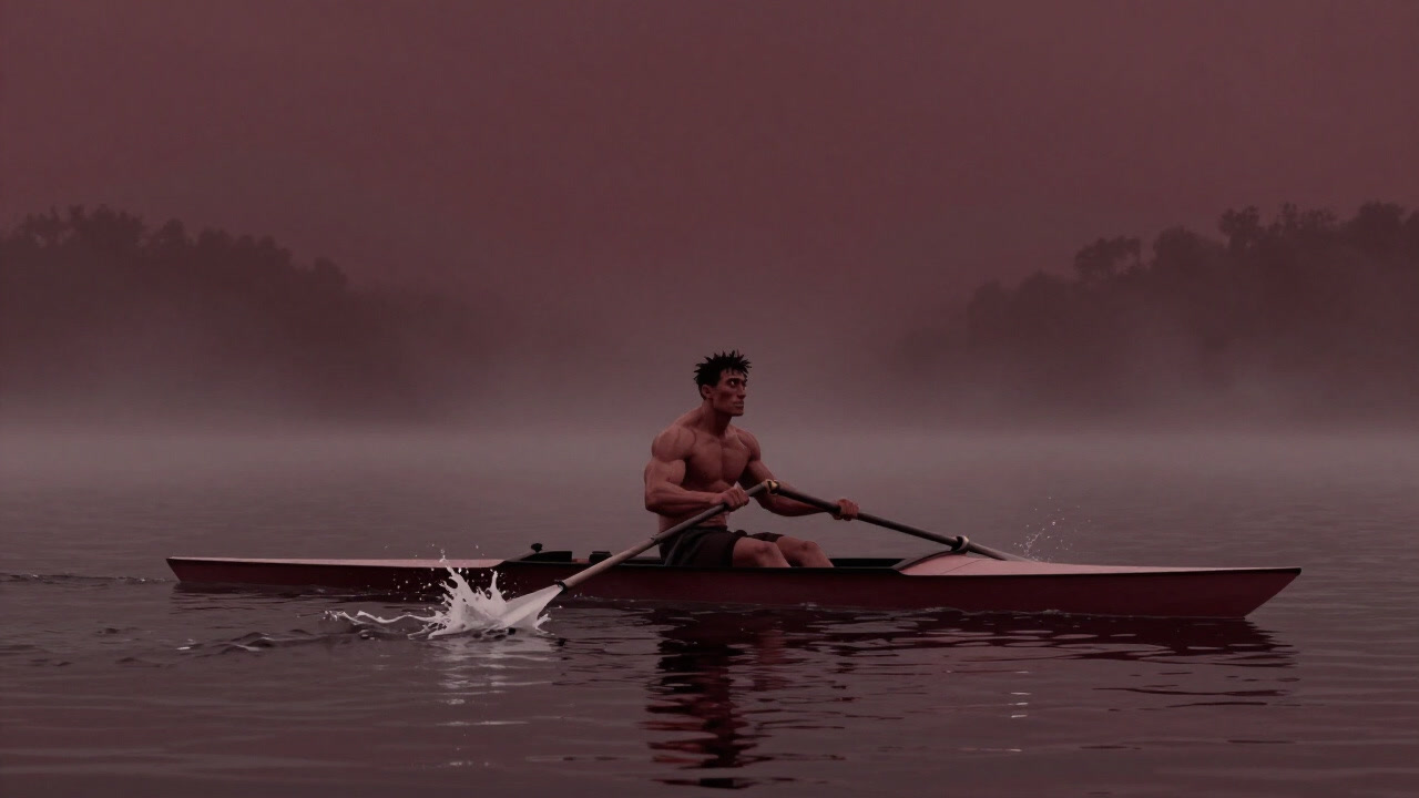 Silhouette of a rower swinging oars on a misty lake surface