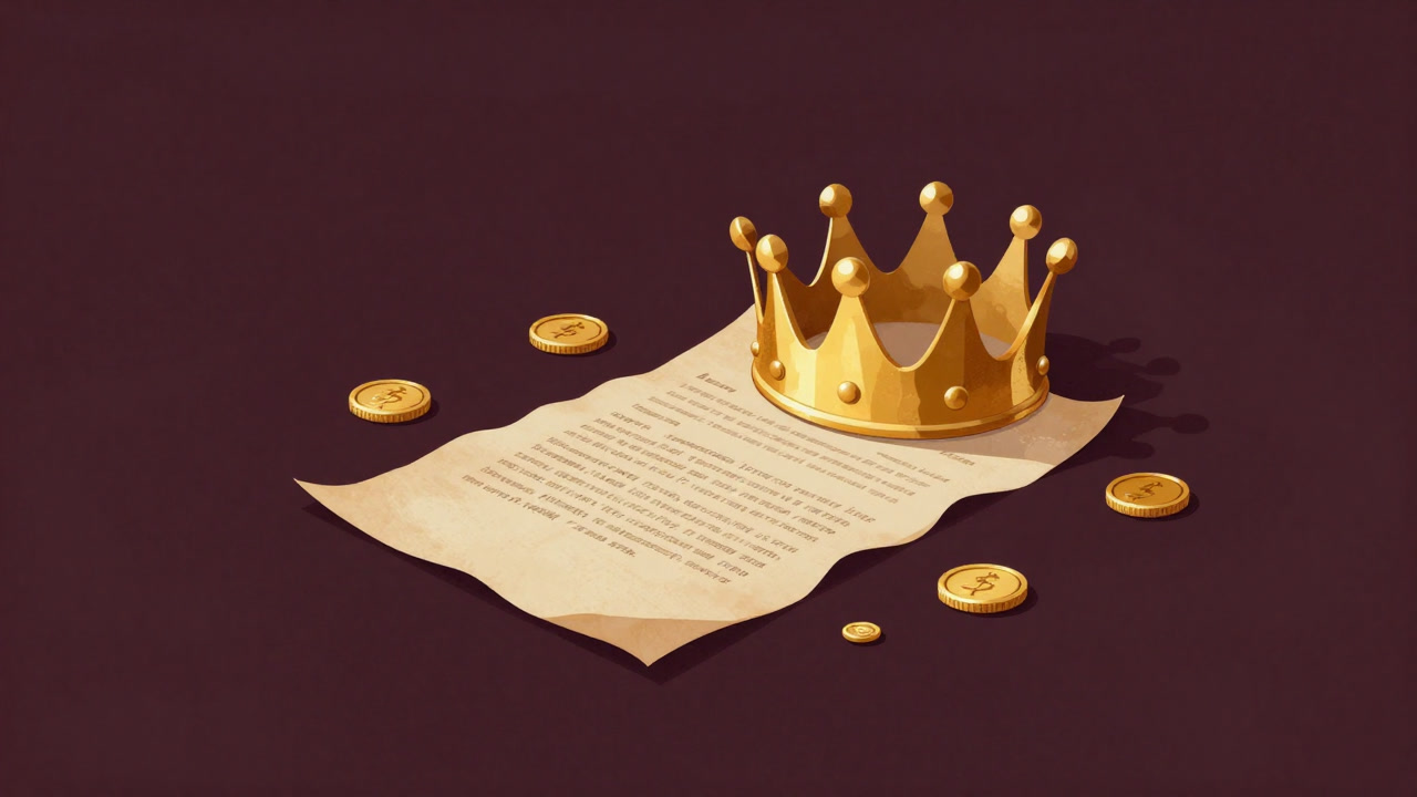 古い契約書の上に王冠が置かれ、金貨が散らばるイメージ