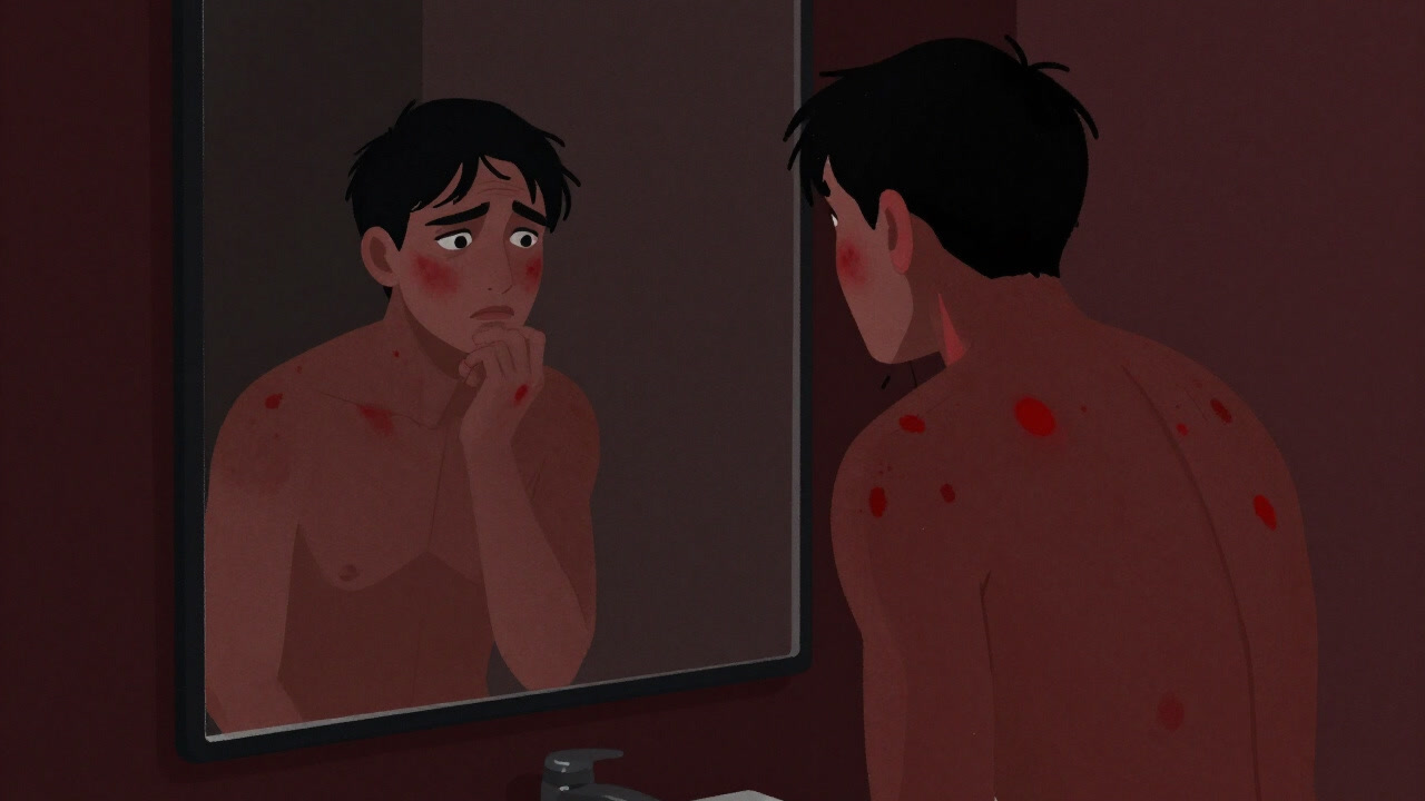 Image of a person looking at themselves in the mirror with red rash spread across their body, appearing worried.