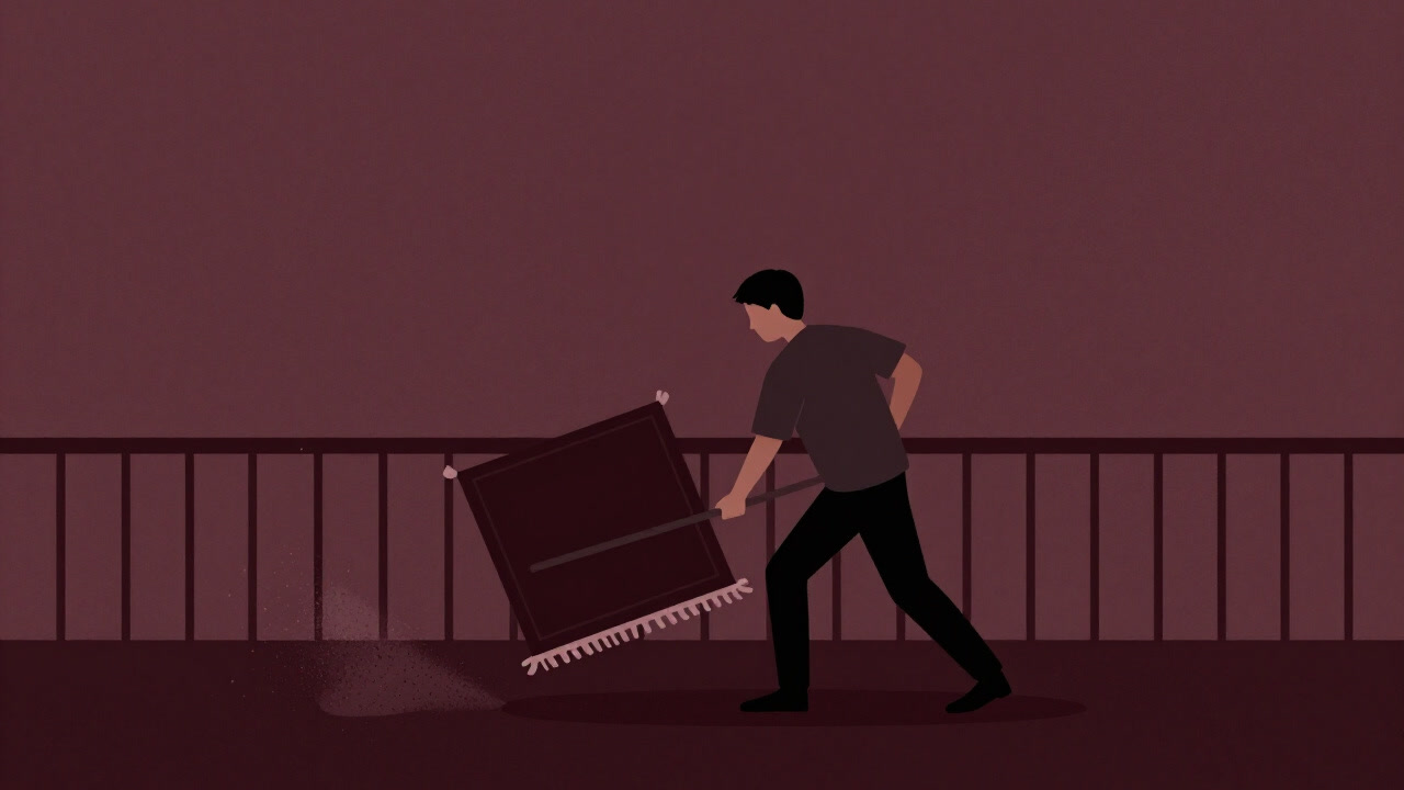 ベランダで棒を振るい、埃が舞い散るラグ叩きの瞬間を捉えた写真