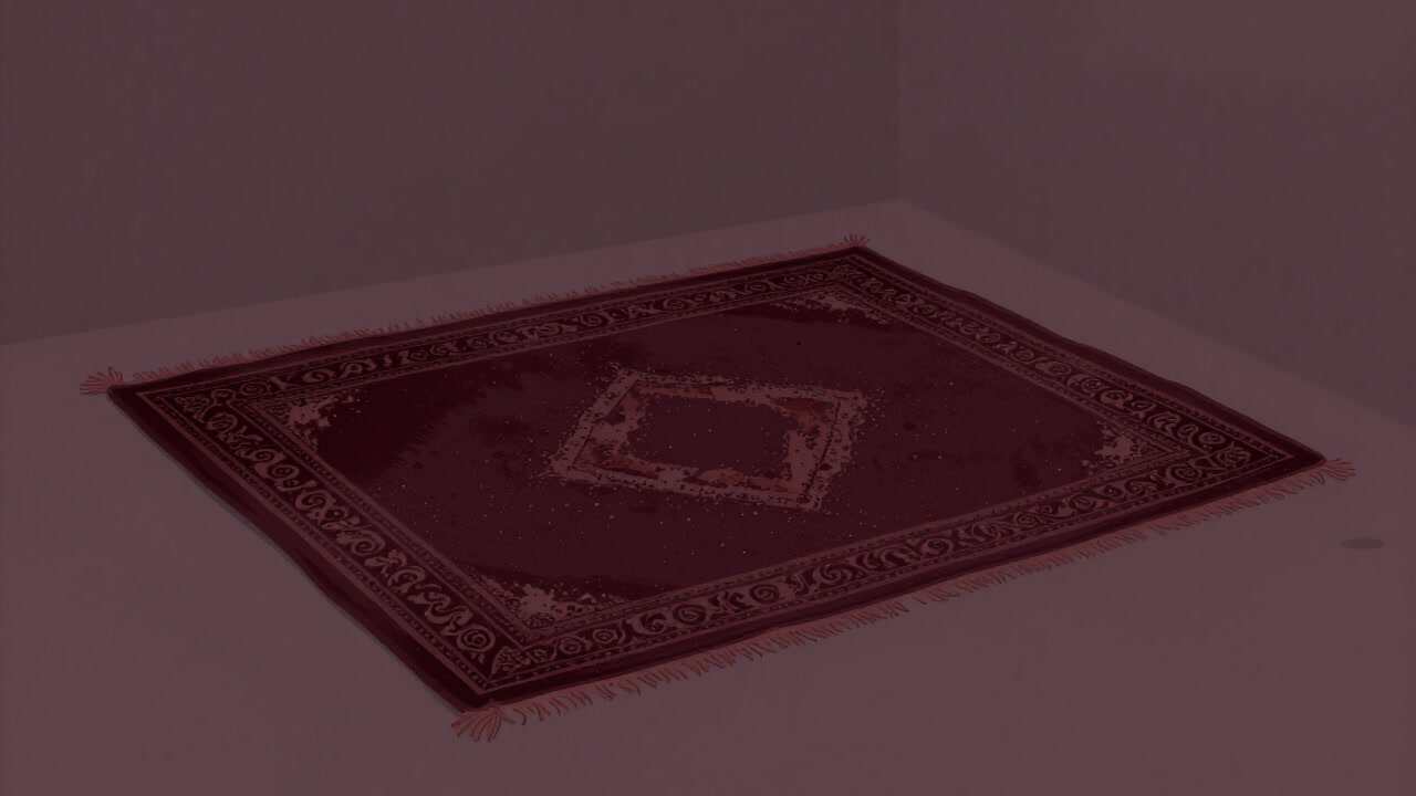 薄汚れたラグの中央がくぼみ、埃とシミにまみれている