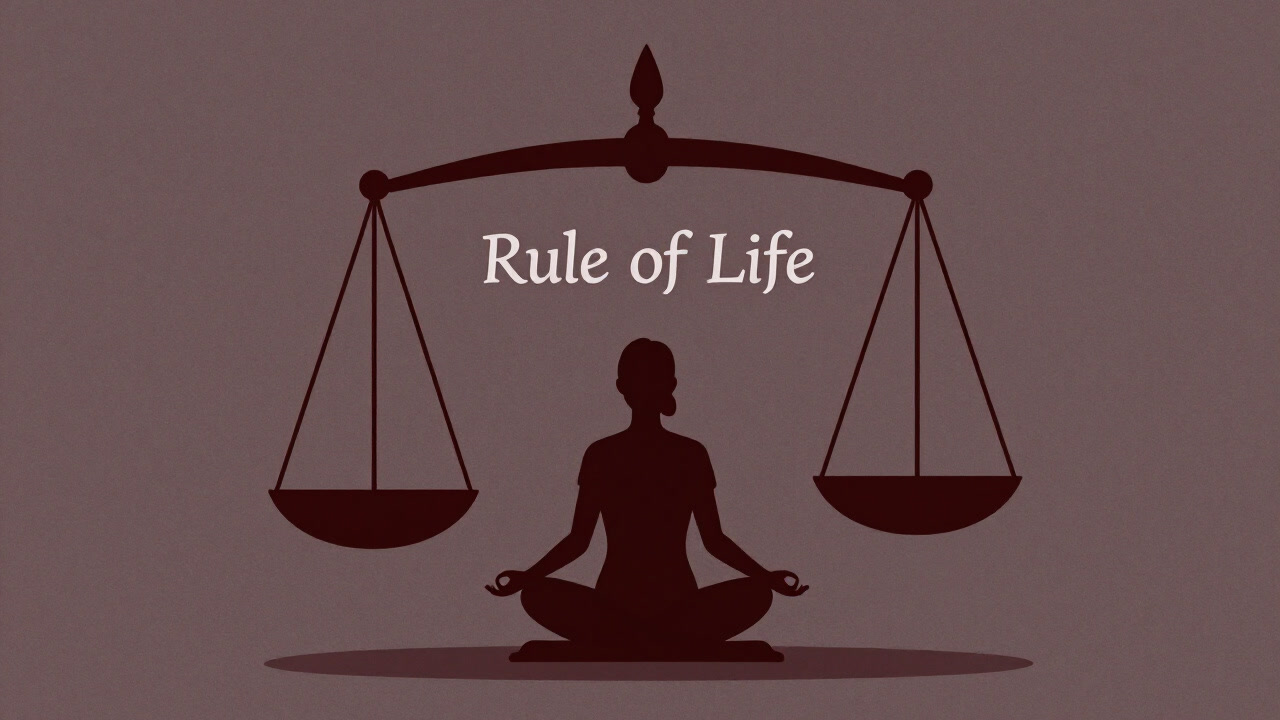 正座した人間のシルエットの上に、天秤のようにぶら下がる"生活規範"の文字