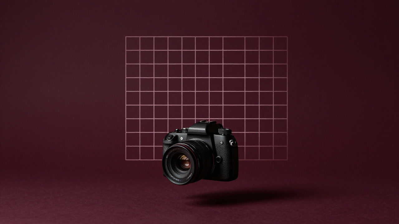 グリッド線が浮かぶ画面の前で迷子になったモデルのように立つカメラ