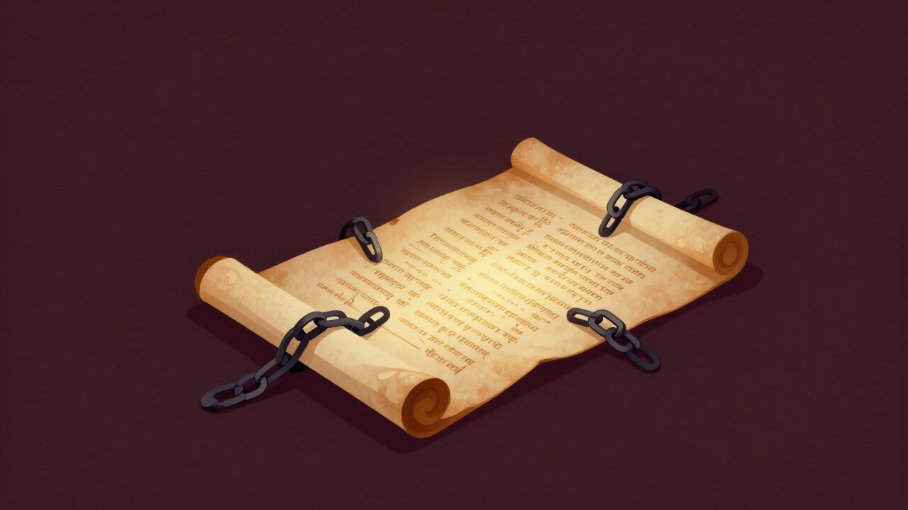 古びた羊皮紙に金の文字で戒律が刻まれ、光を放つイラスト