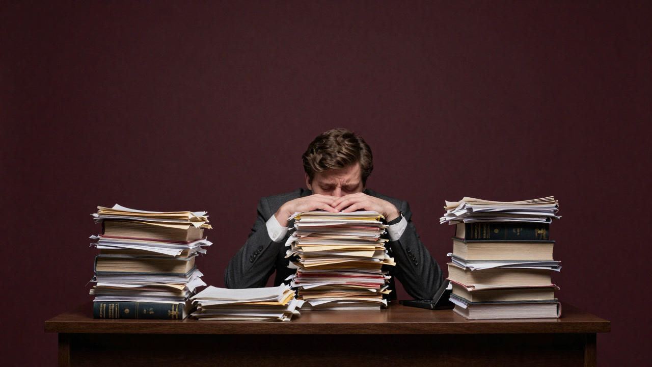Image of an official buried under a mountain of documents, sighing in frustration.