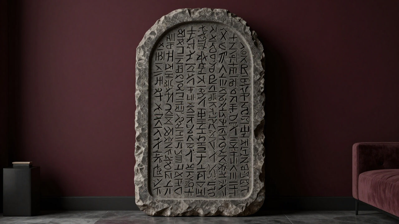 Ancient runes carved into a stone tablet placed as modern living room decor