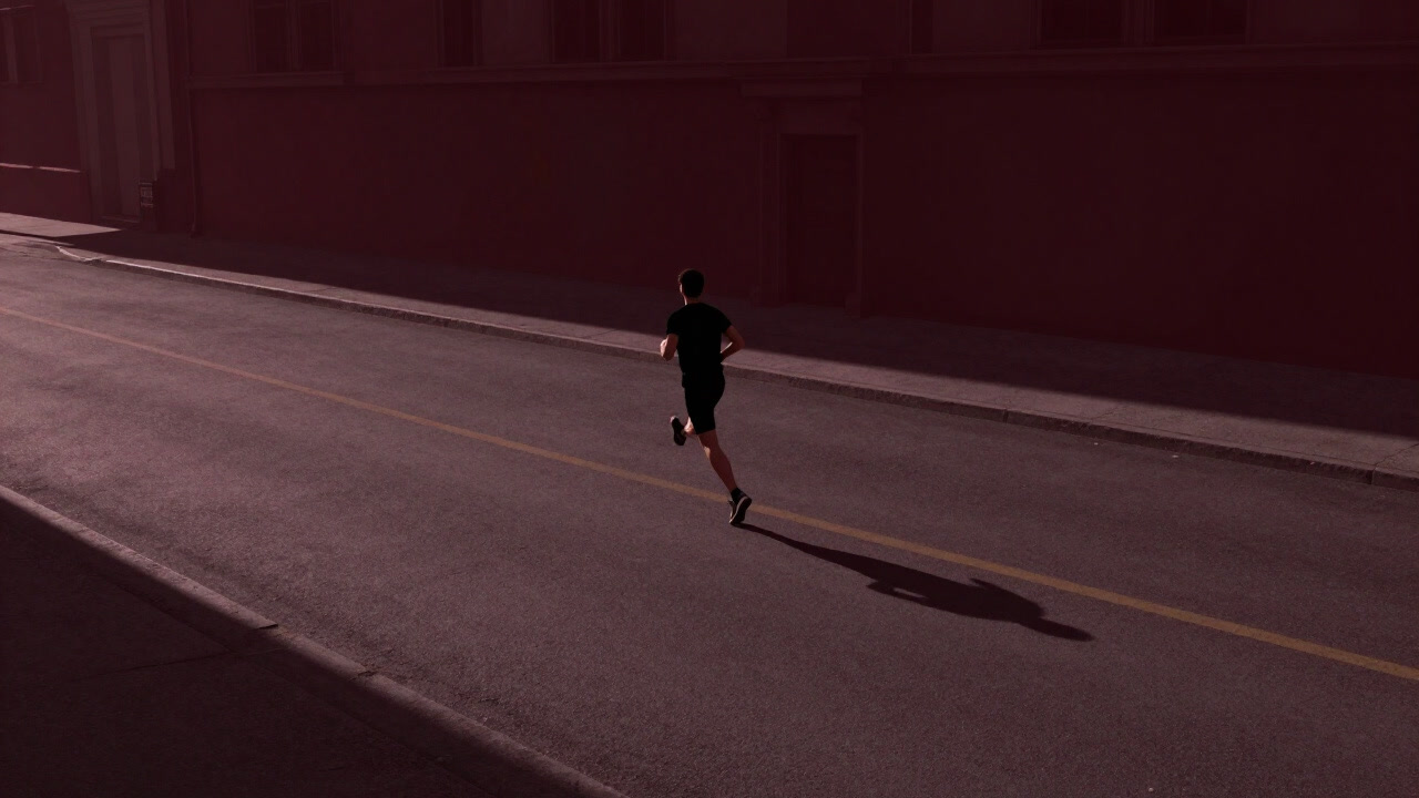 Silhouette of a lone runner stretching long shadows on an early morning pavement