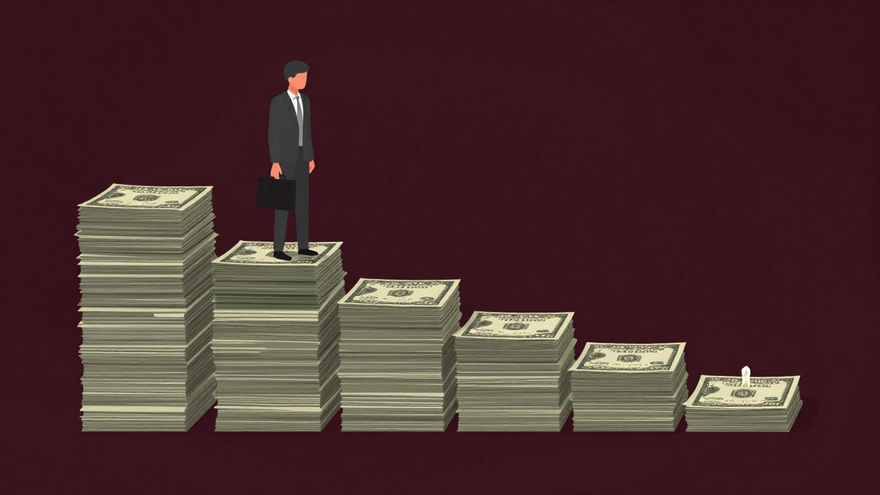 ロウソクのように徐々に短くなる紙幣の上に立つ会社員のイラスト