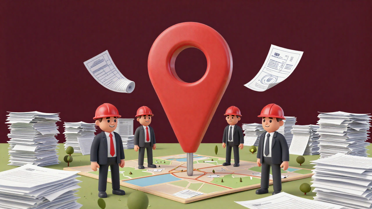 Illustration of bureaucrats smiling and driving by a farmland, planting a giant pin in a map surrounded by stacks of documents and floating blueprints.