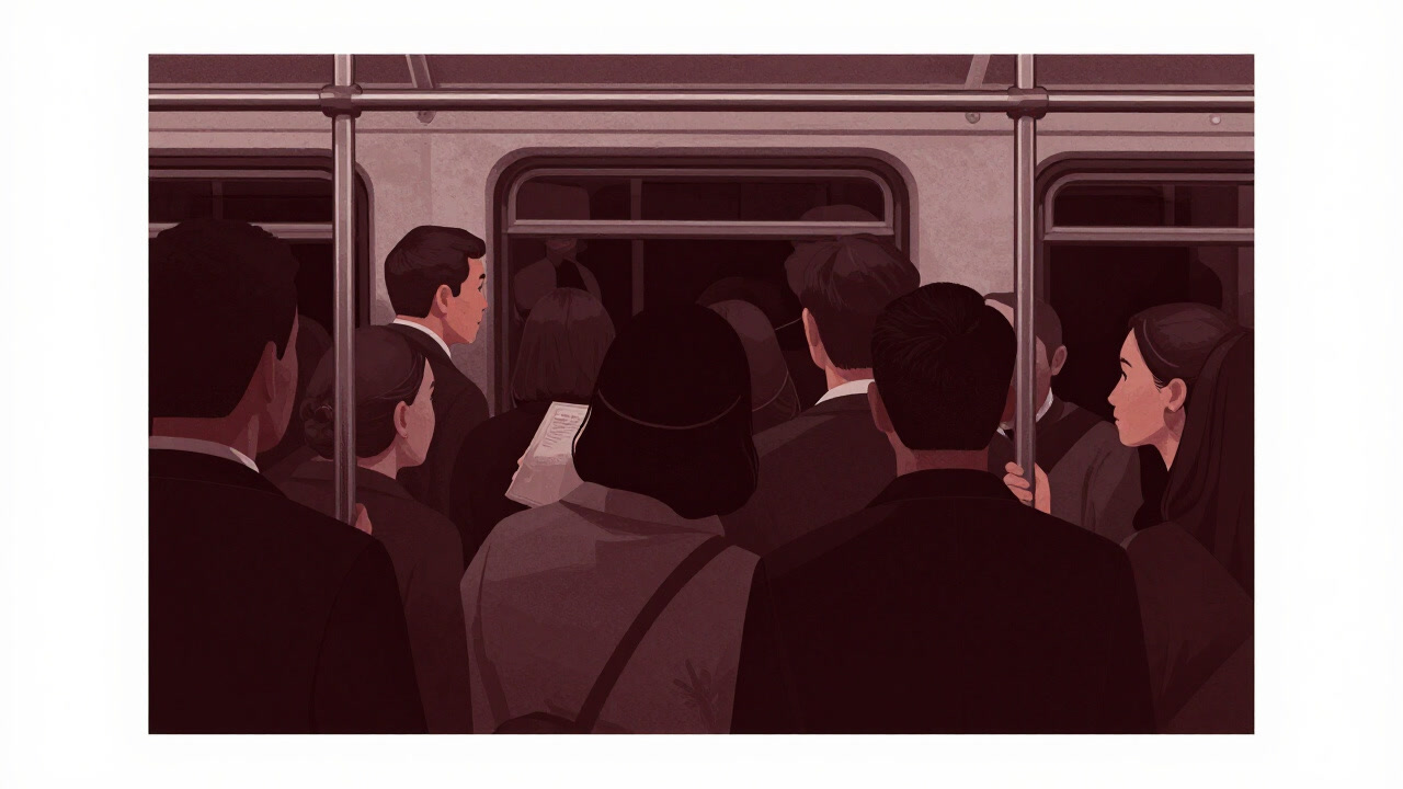 Image of people packed tightly like sardines inside a rush hour train carriage, viewed from the side.