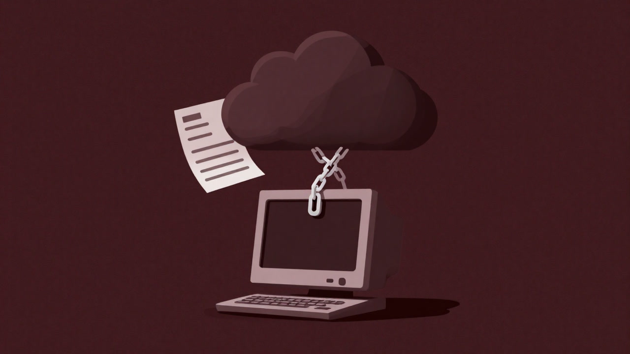 Illustration of a PC chained to a lock on a cloud, while an invoice floats in the background