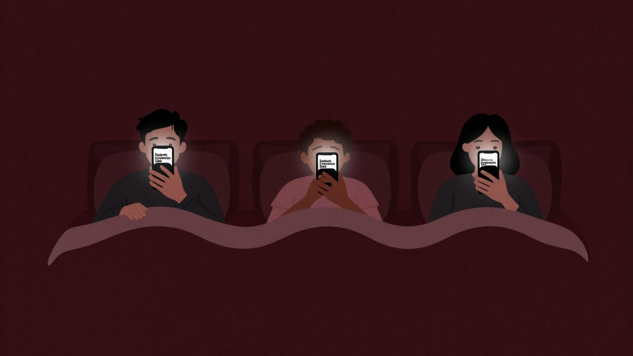 Satirical illustration of people in bed holding smartphones, fixated on a 'Sabbath Economics Sale' on screen.