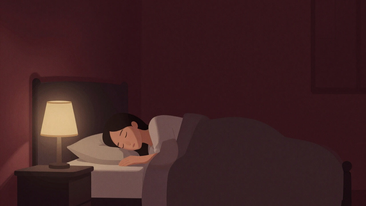 柔らかな光に包まれ、無防備に眠る人のシルエットが写る静かな室内の画像