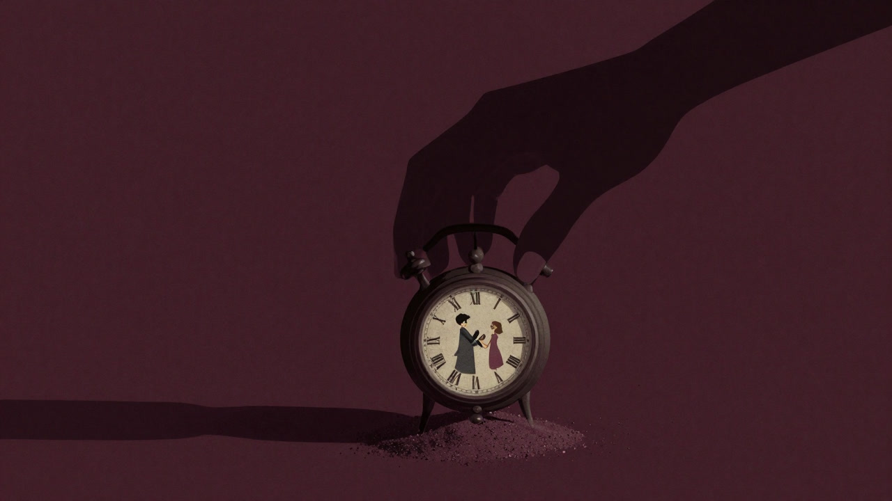 A shadowy hand grinding cogwheels on the stage of romance