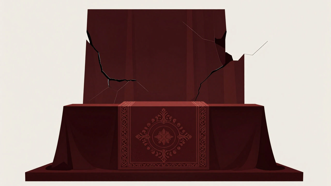 Image of a grand ceremonial altar wearing a proud display of sacred vestments, with cracks appearing in the background symbolizing breaking rituals