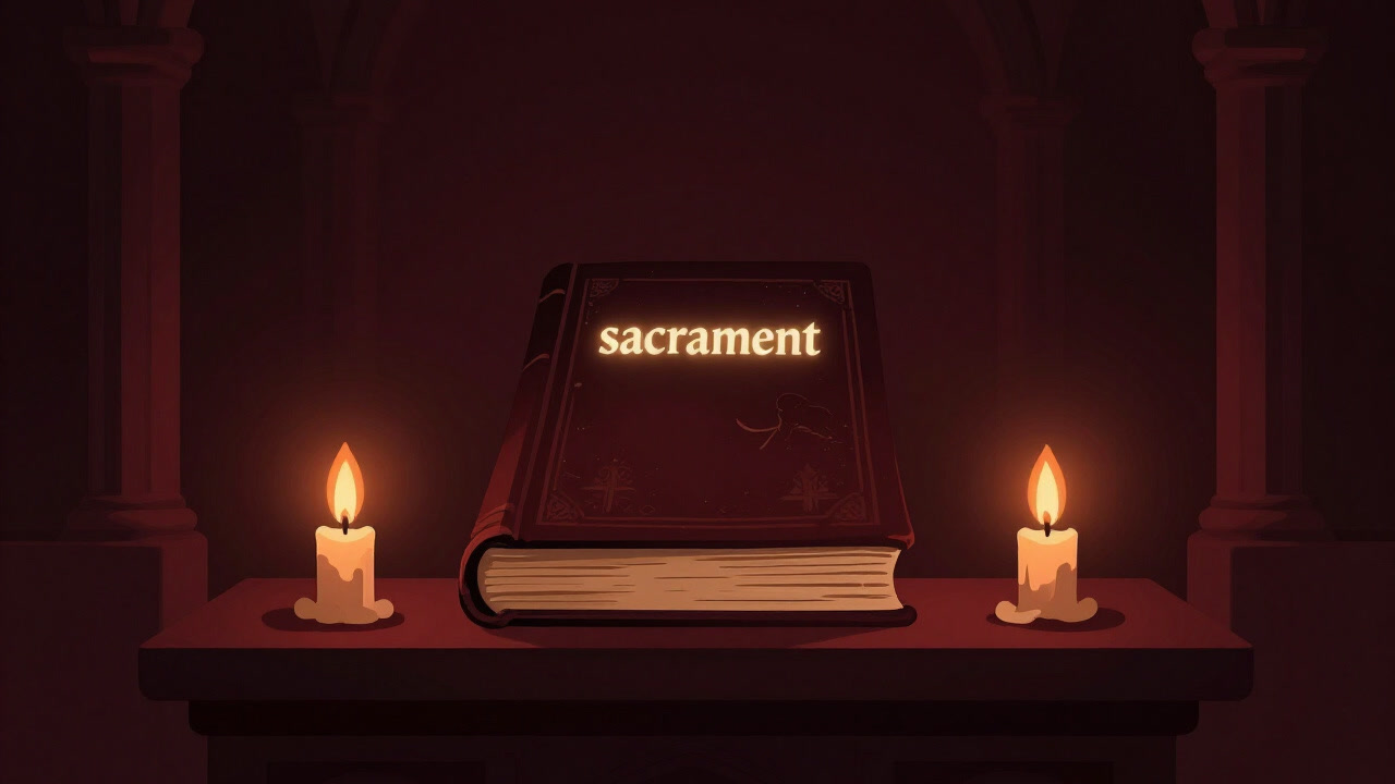 祭壇の前で蝋燭の炎が揺れる中、古びた本に刻まれた「秘跡」の文字が妖しく光る絵