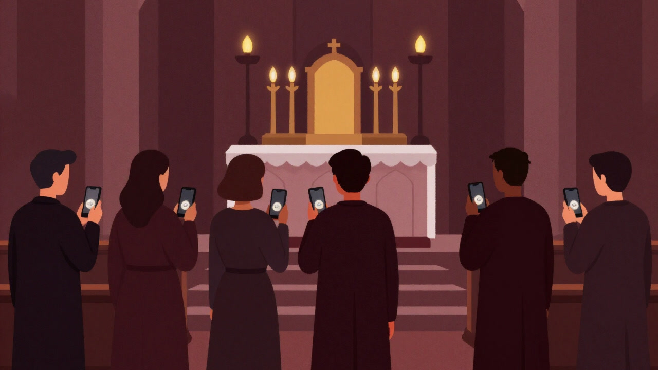 色とりどりの祭壇の前で、行列に並びながらスマホでスタンプを押す信徒たちのイラスト