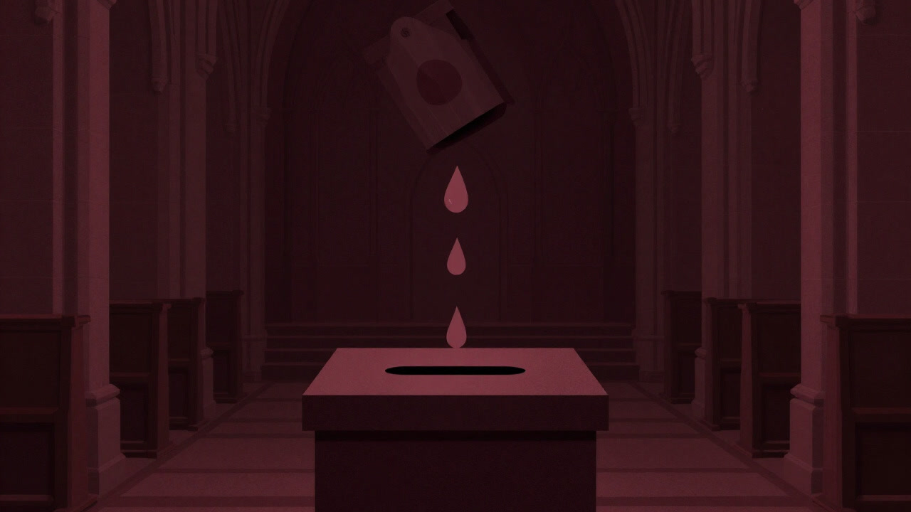 Illustration symbolically depicting drops of holy water being drawn into a church donation box.