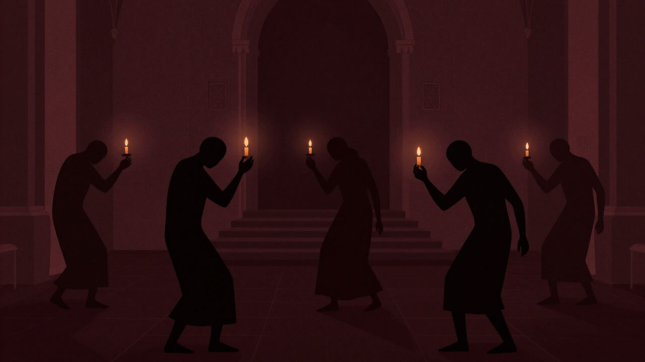 Silhouette of exhausted worshippers dancing by candlelight in a dimly lit chapel