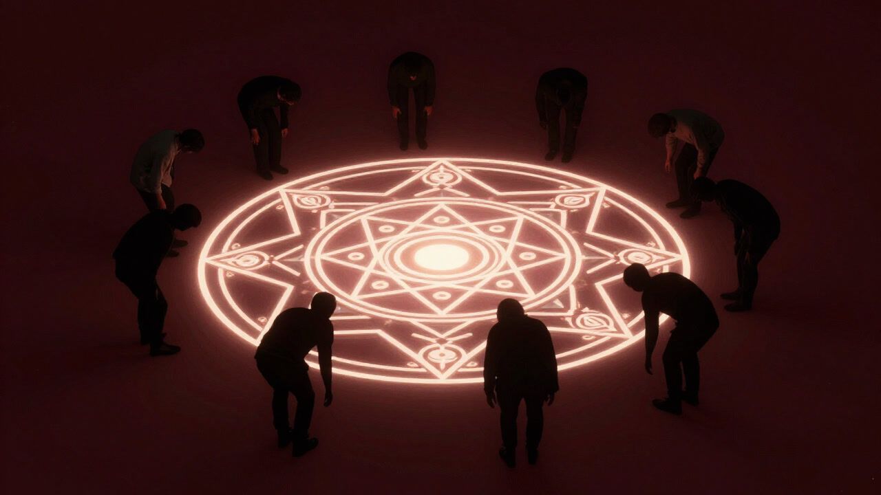 Glowing geometric patterns with silhouettes of people standing worshipfully at its center.