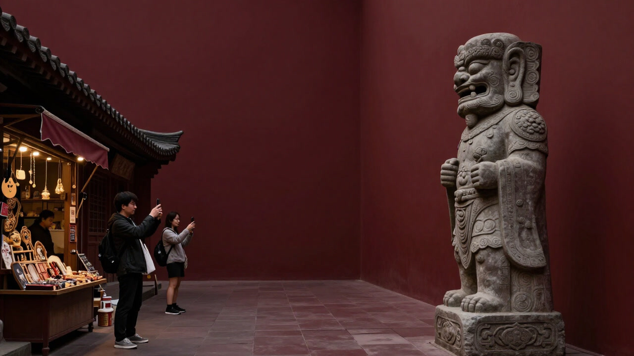 A photo of statues along a temple path lined with souvenir shops watching smiling people taking Instagram photos.
