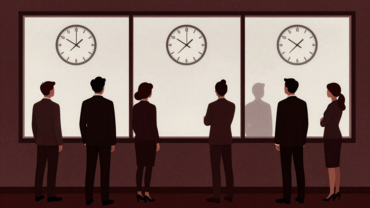 People in suits staring at a clock through frosted glass, quietly awaiting sacred time