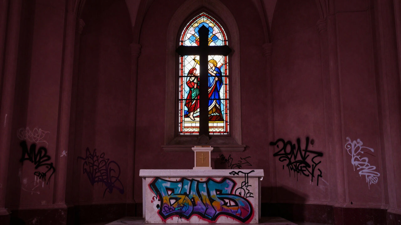 古びた教会の聖壇にスプレーペイントで落書きされた十字架の画像