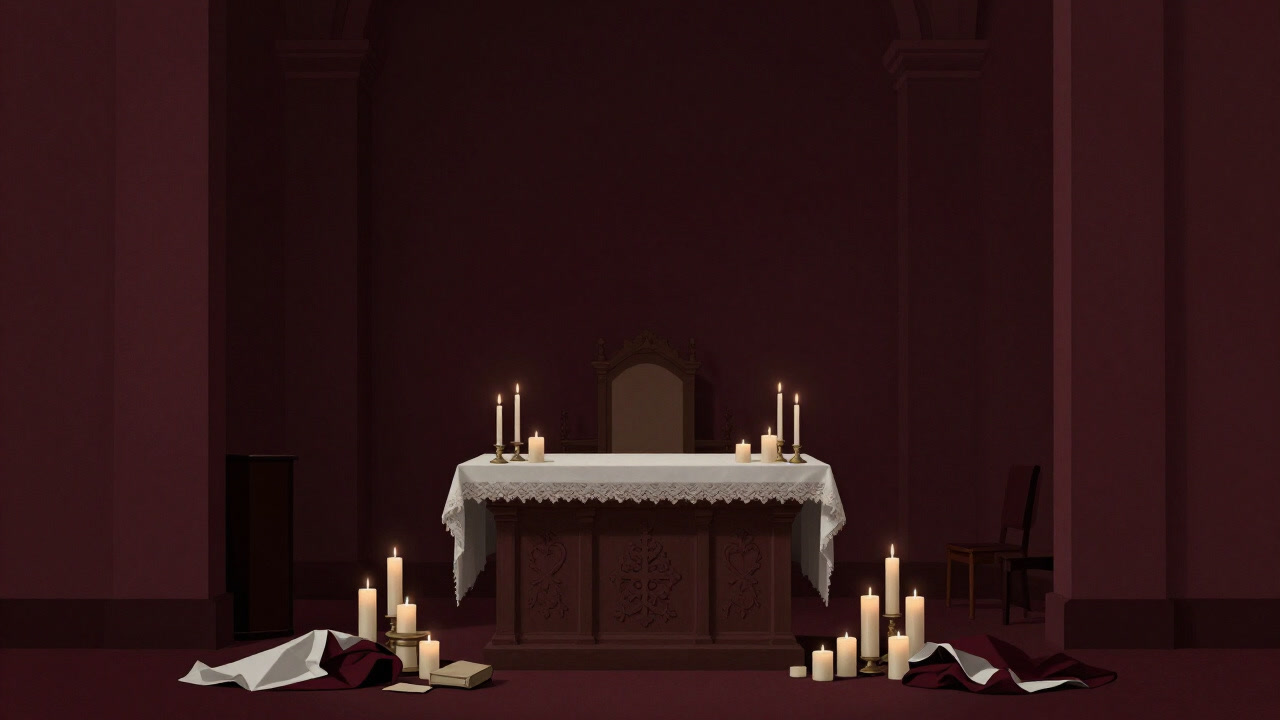 Image of a dimly lit sacristy with dusty altar vestments and candles quietly piled