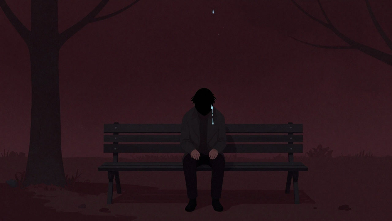 闇夜のベンチに沈む人影と、その影に寄り添う涙の雫を象徴的に描いた画像