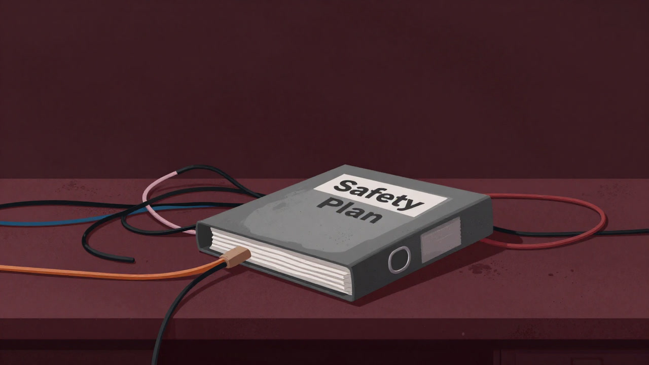 カラフルな線で埋め尽くされた机の上に、埃をかぶった安全計画書がそっと置かれているイメージ