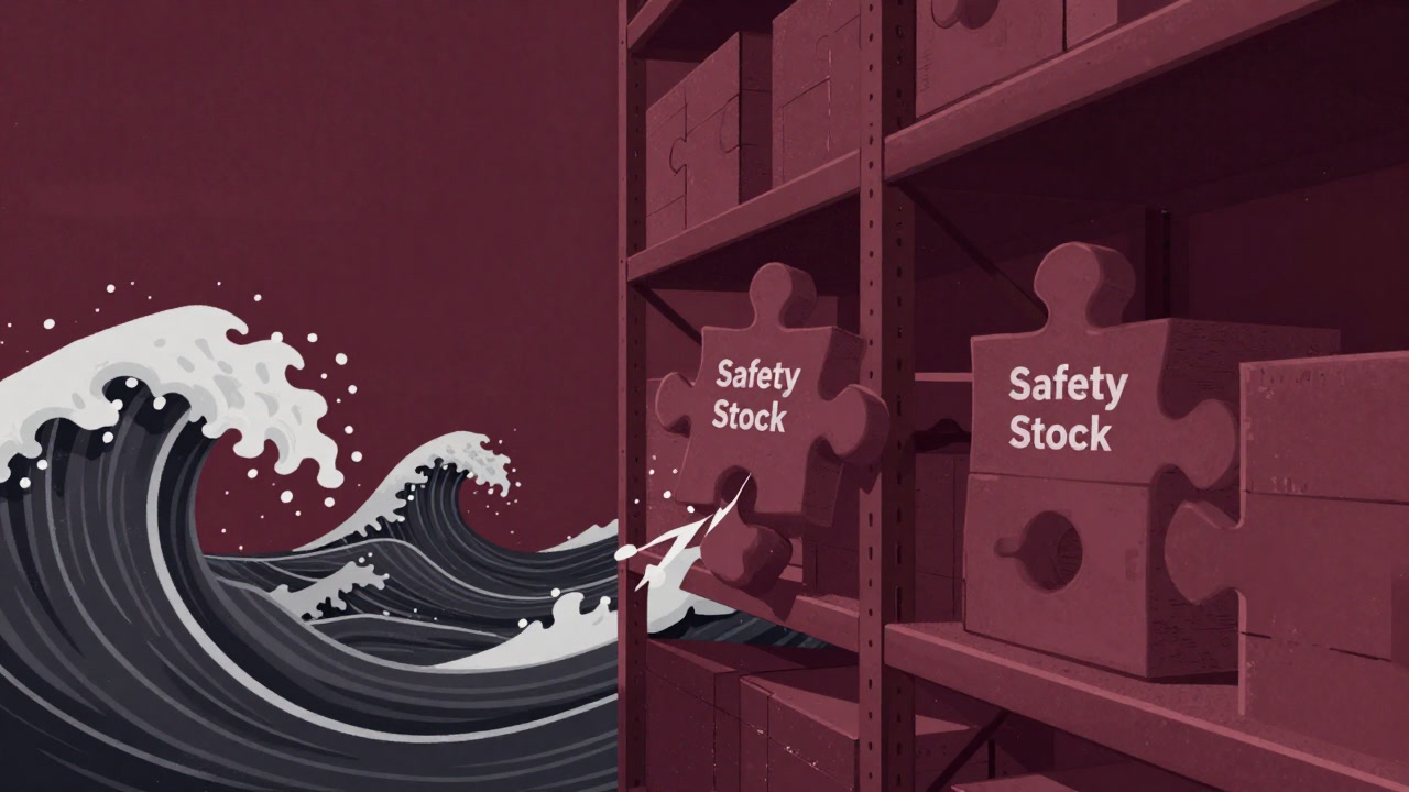 倉庫の棚に積まれた大きなパズルのピースのような安全在庫のブロックが、需要の波を前に揺れるイラスト