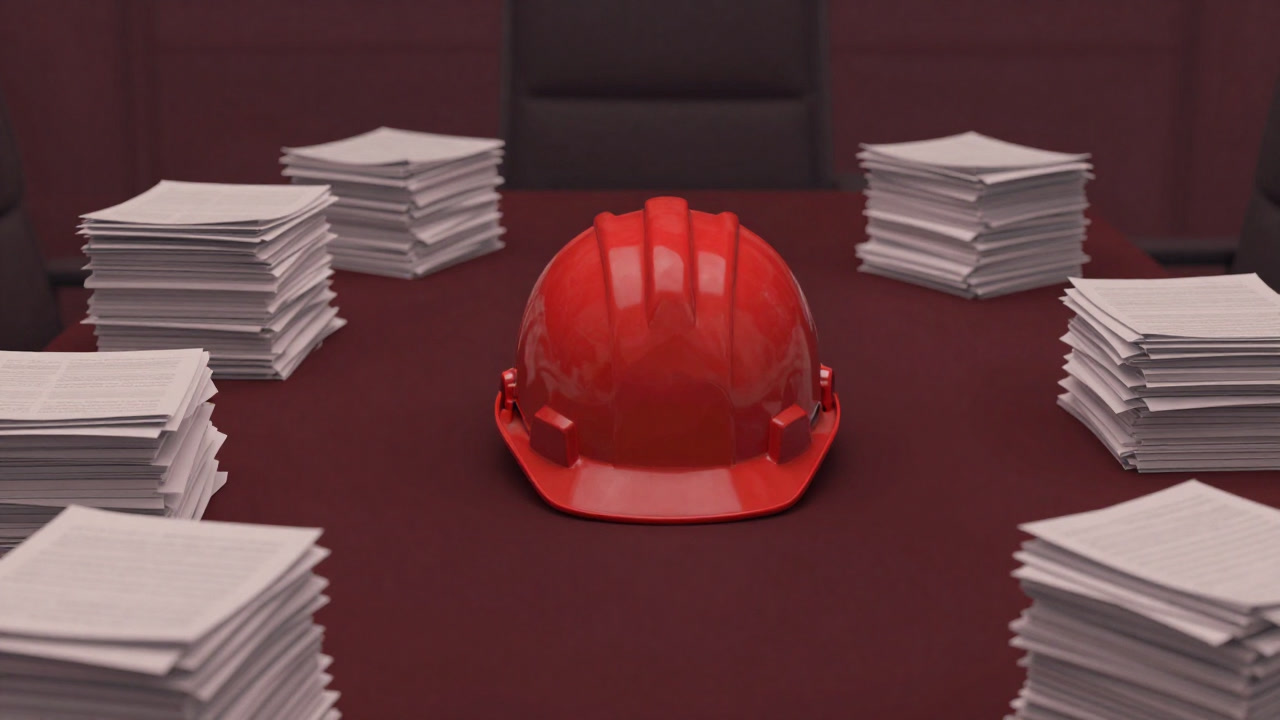 Image of a large red safety helmet placed in the center of a conference table surrounded by countless stacks of paperwork.