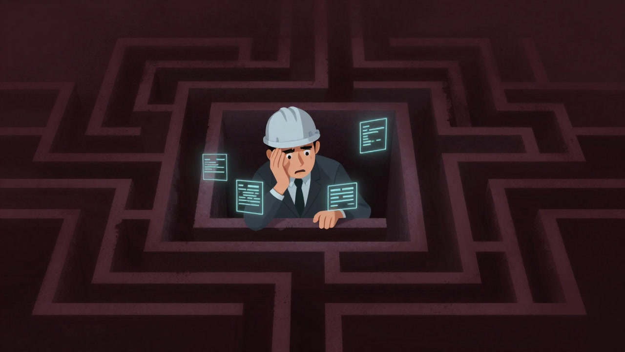 Illustration of an engineer overwhelmed by countless event logs, looking lost