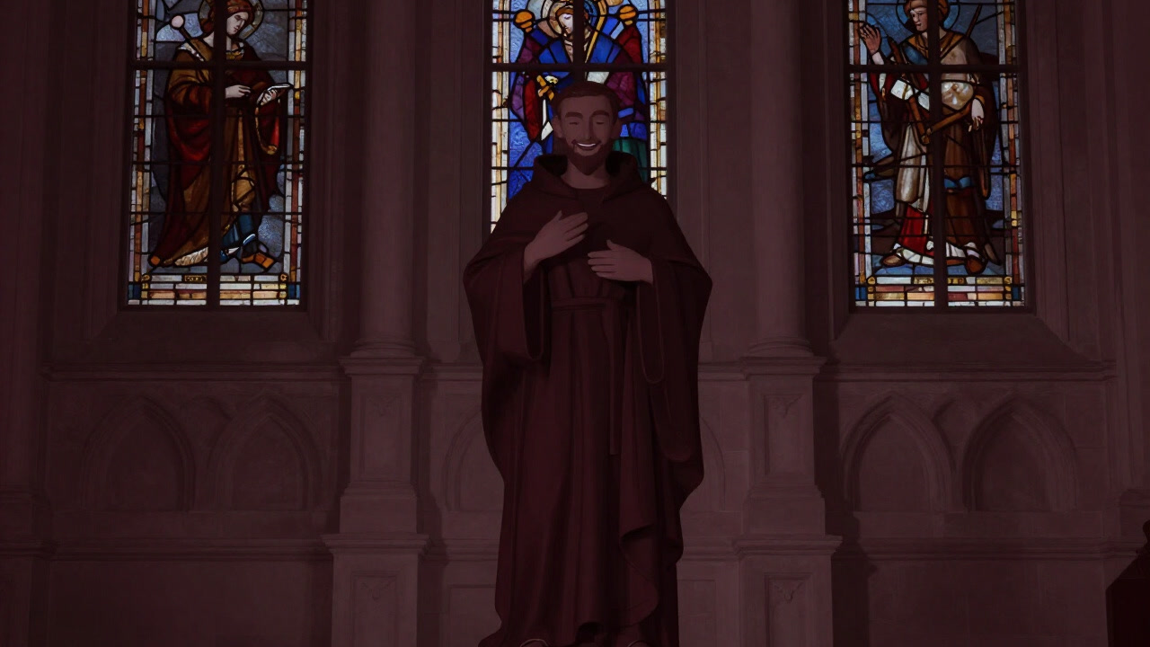 古びた教会の前で威厳を保ちながら微笑む聖人の像