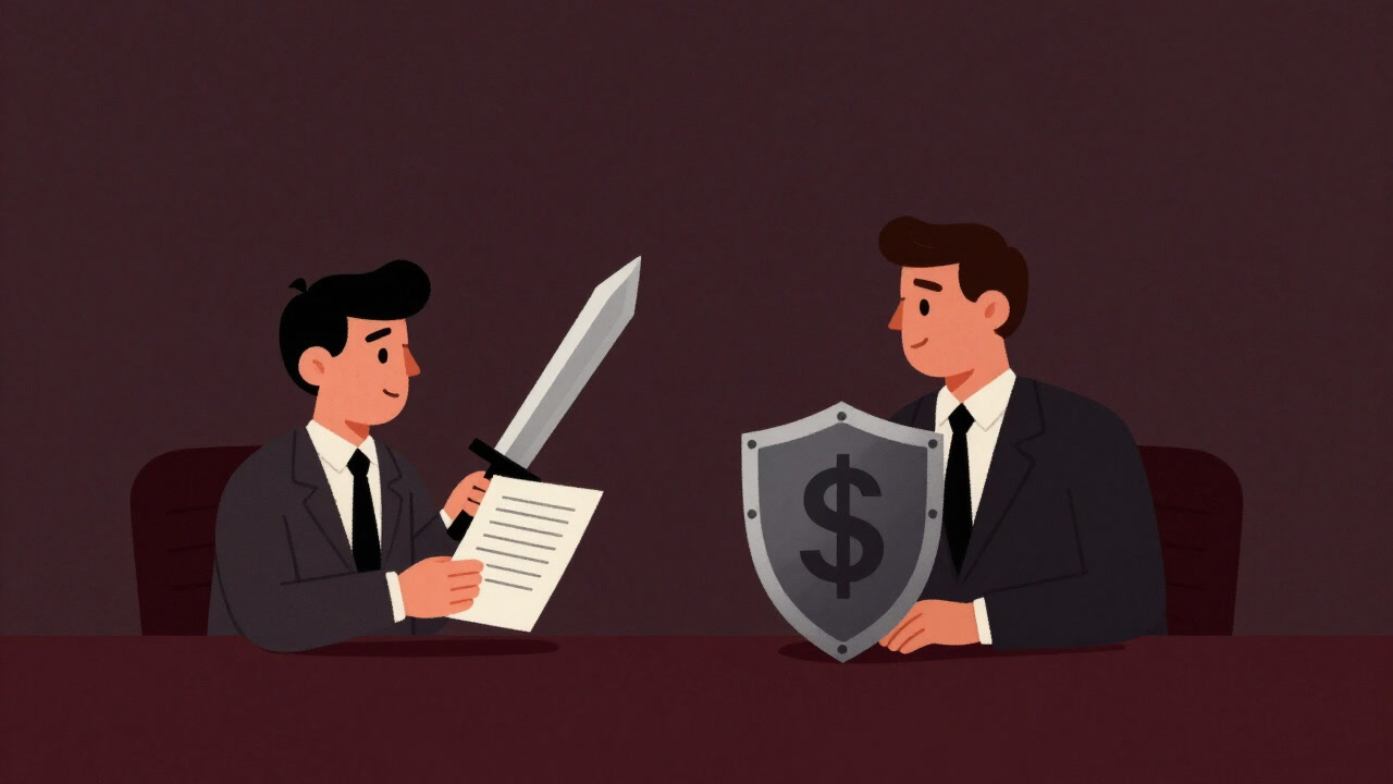 Illustration of an employee with serious expression thrusting a document full of numbers across the table at a perplexed boss in a conference room