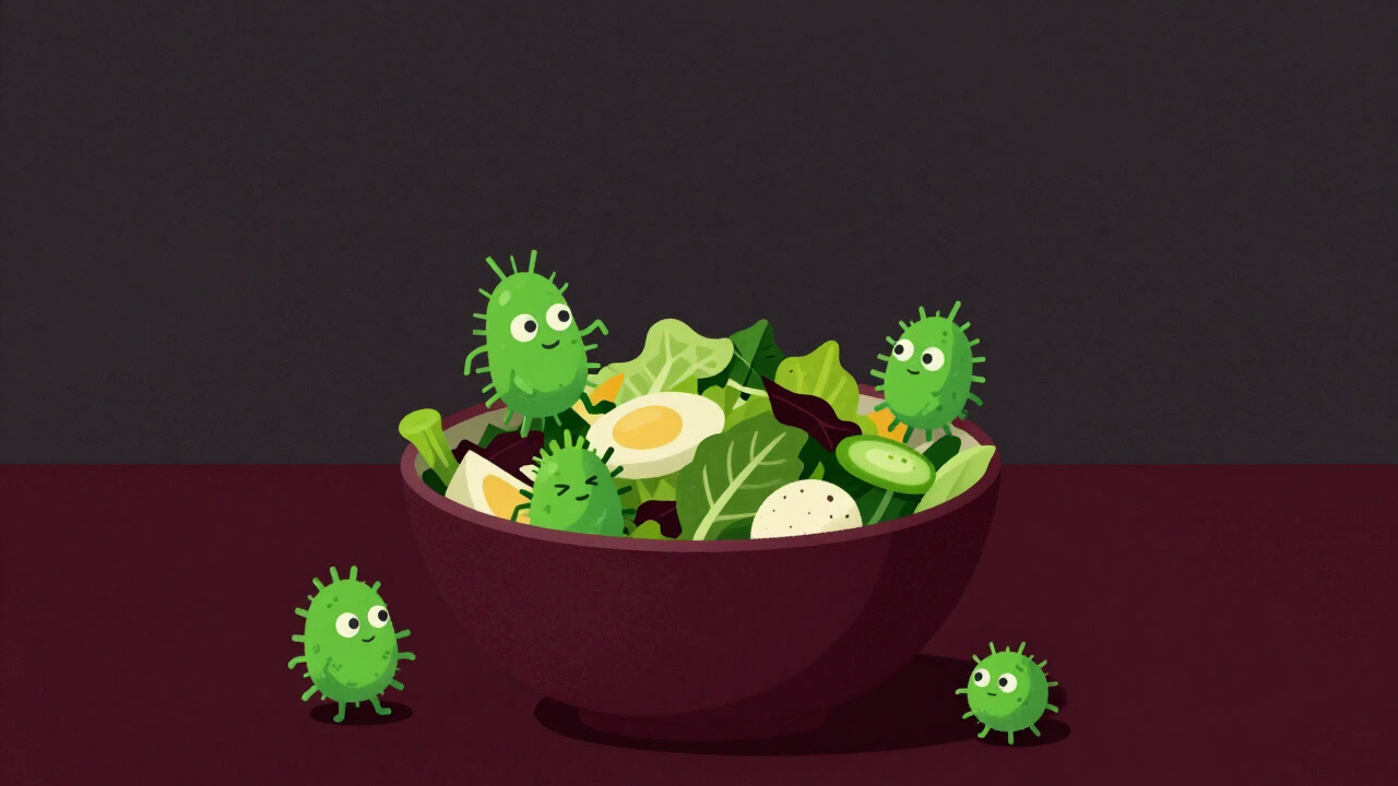 食卓の隅で、緑色の菌の群れをまとい不気味に光るサラダボウルの写真