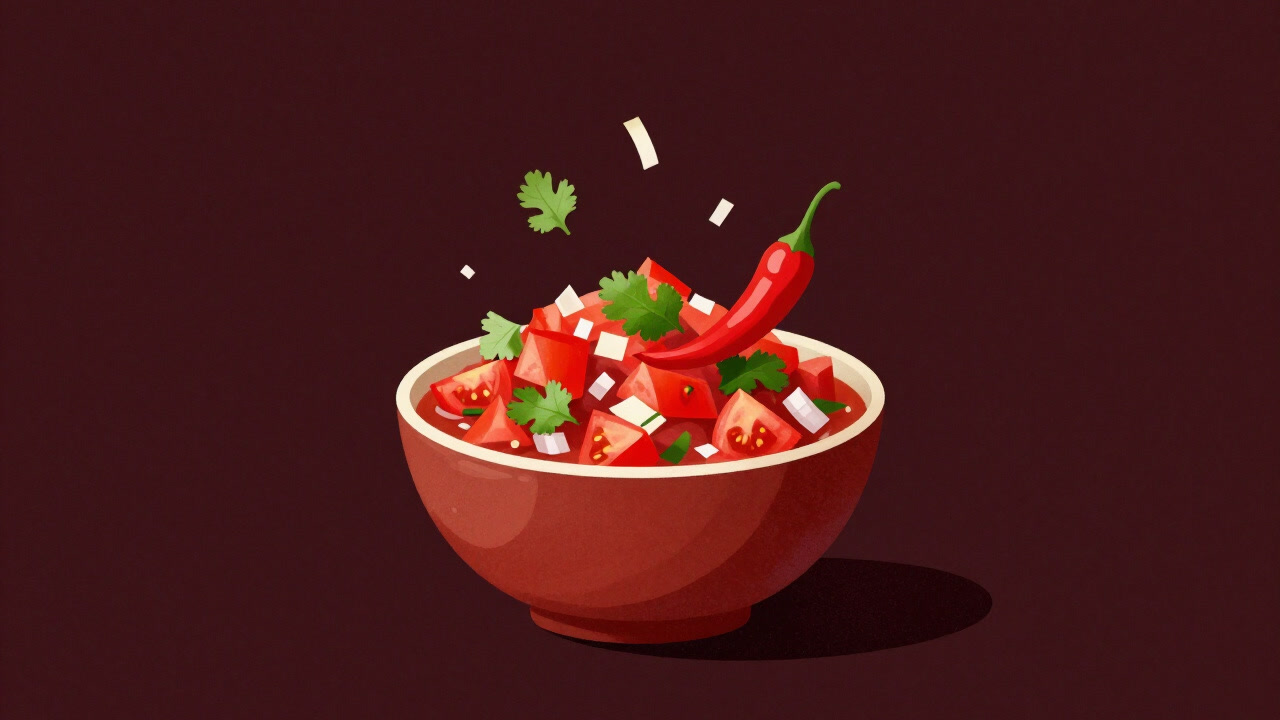 A vibrant bowl of salsa with vegetables and herbs dancing together
