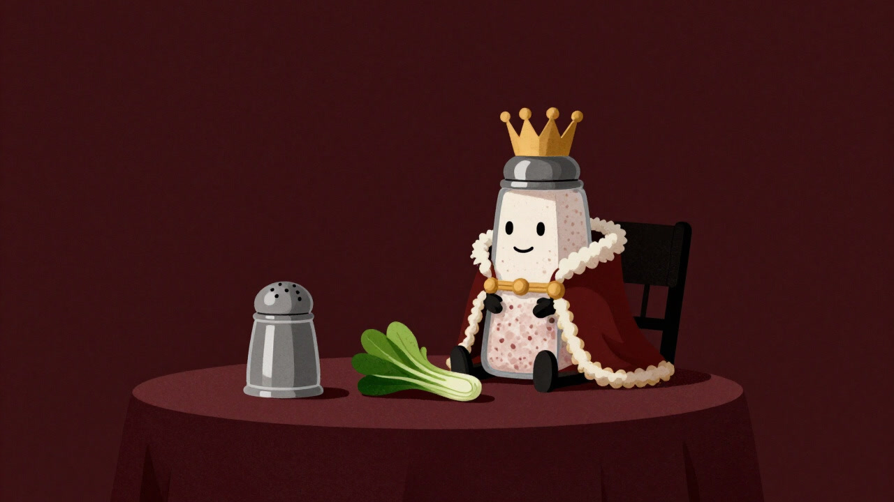 食卓の上に玉座のように置かれたキングクラウンを被った塩入れのコミカルなイラスト