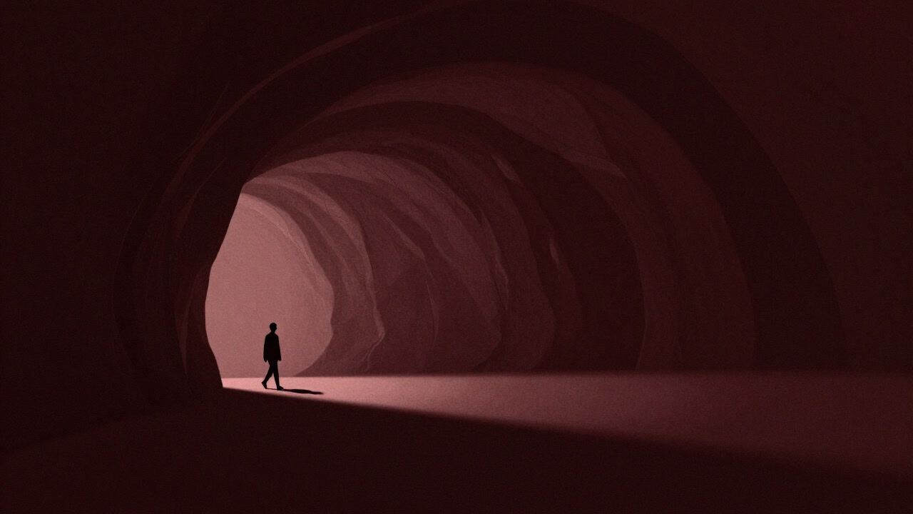 A silhouette walking toward a beam of light shining through a dark cave