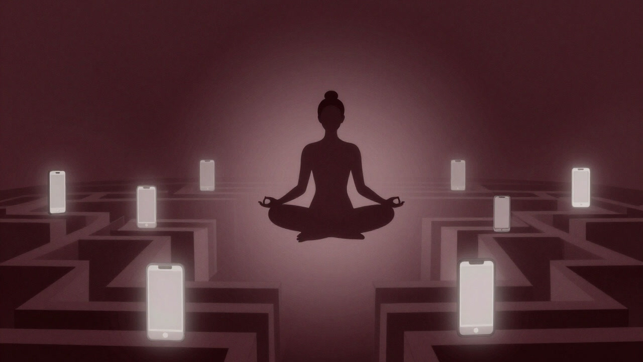 霧の中を浮遊する無数のスマホ通知に囲まれ、宙に座る瞑想者の幻想的なイラスト