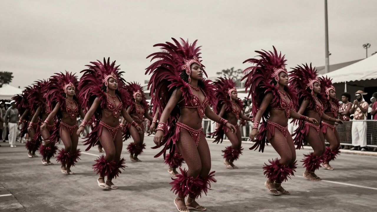 A photo capturing dancers in feathered costumes with vacant expressions surrendering to the swirling heat and rhythms.