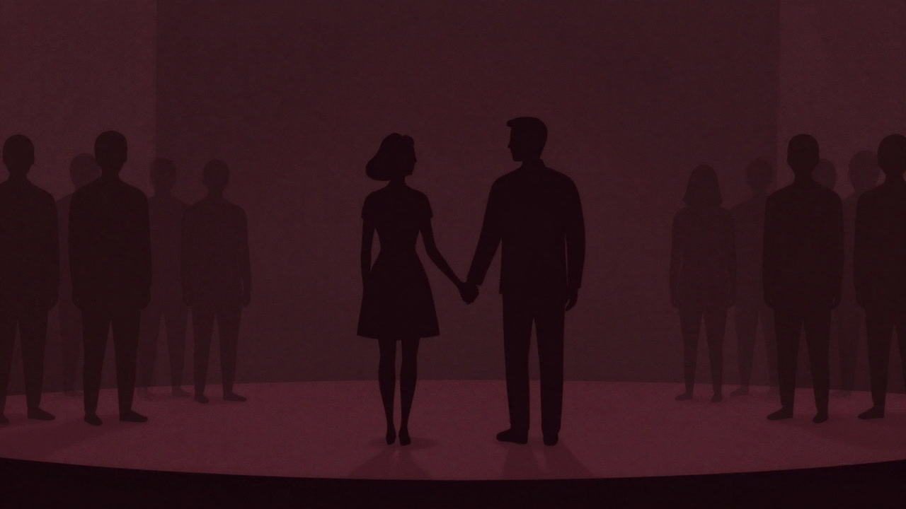 偏見という観客の前で手を取り合う同性カップルのシルエット